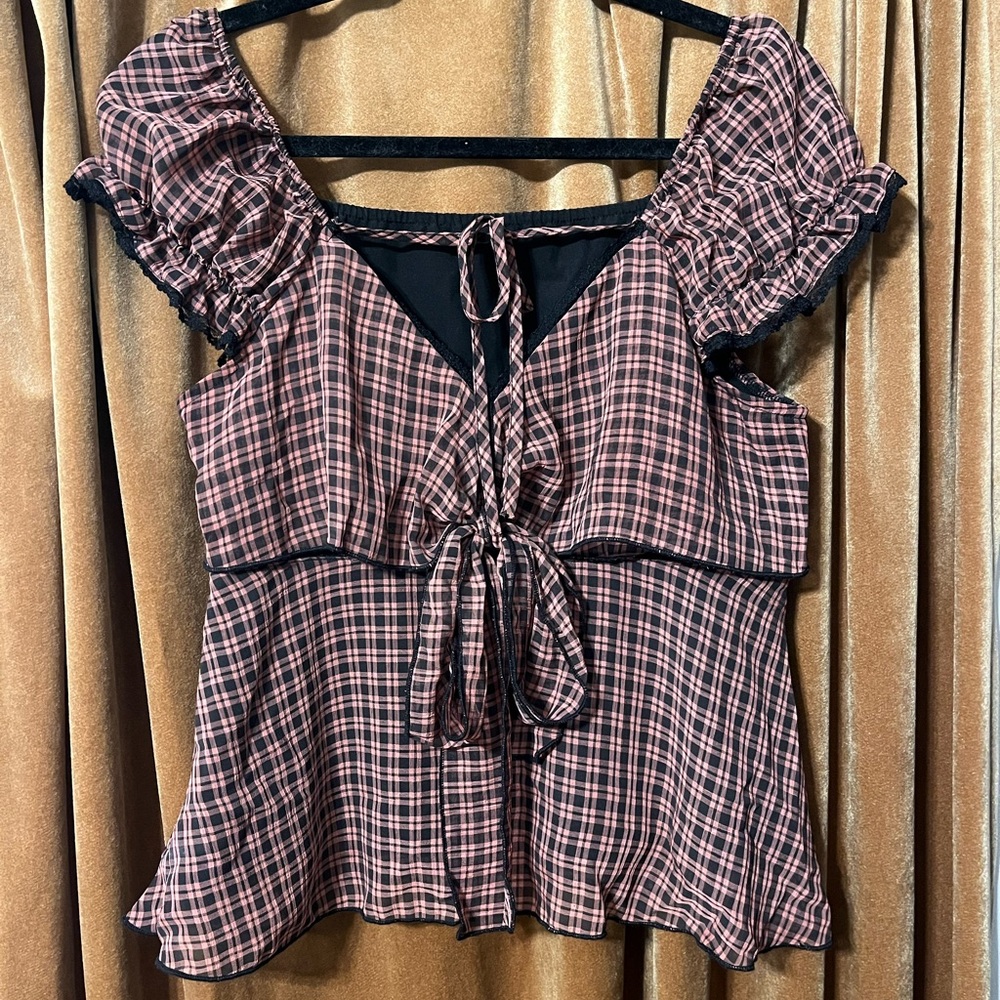 Check Lace Trim Halter Short Sleeve Blouse